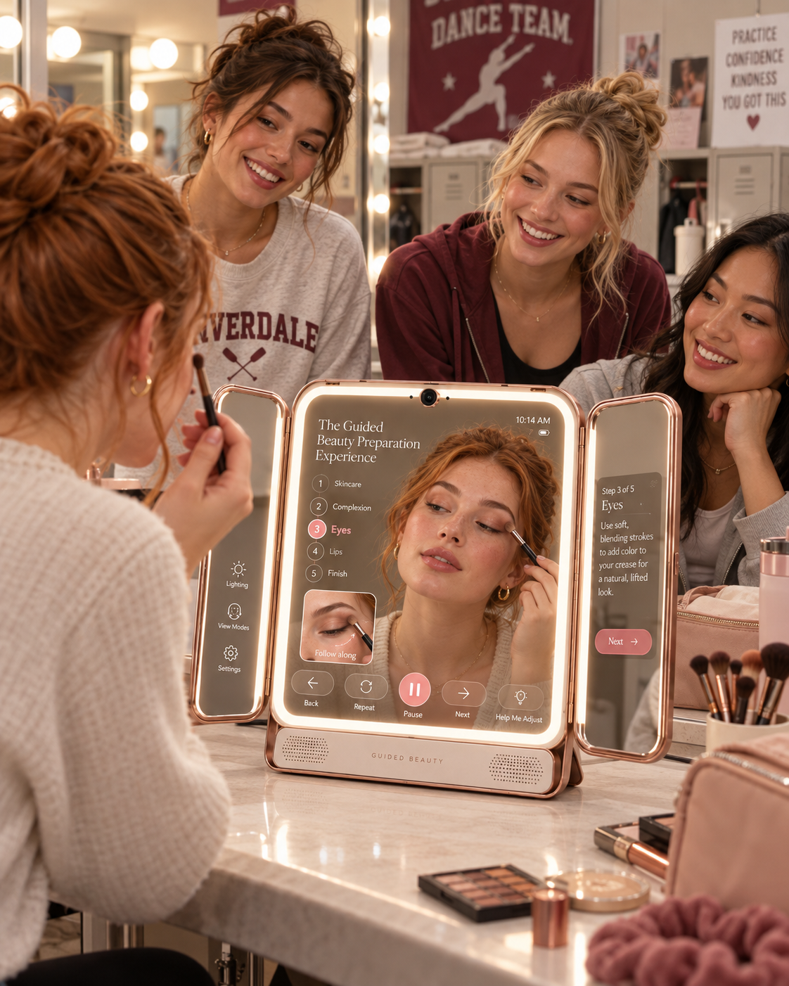 Uploaded concept showing people getting ready together beside a guided mirror
