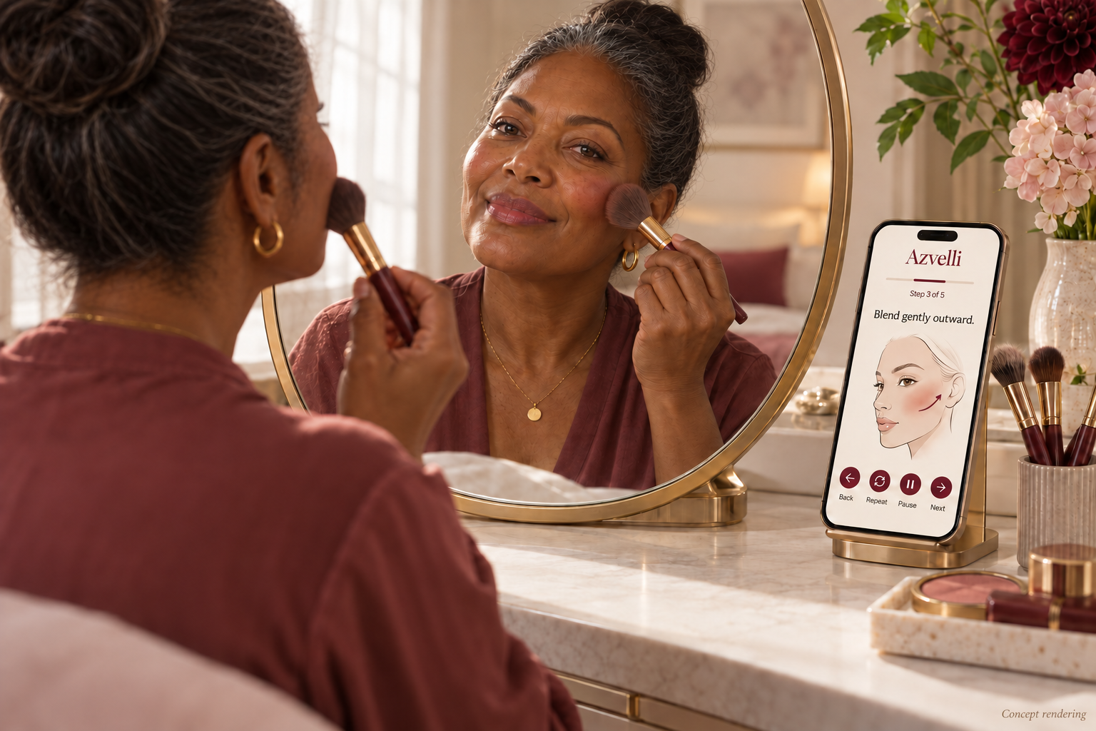 A woman applies cheek color with her reflection prominent and a phone on a stable stand showing preparation guidance