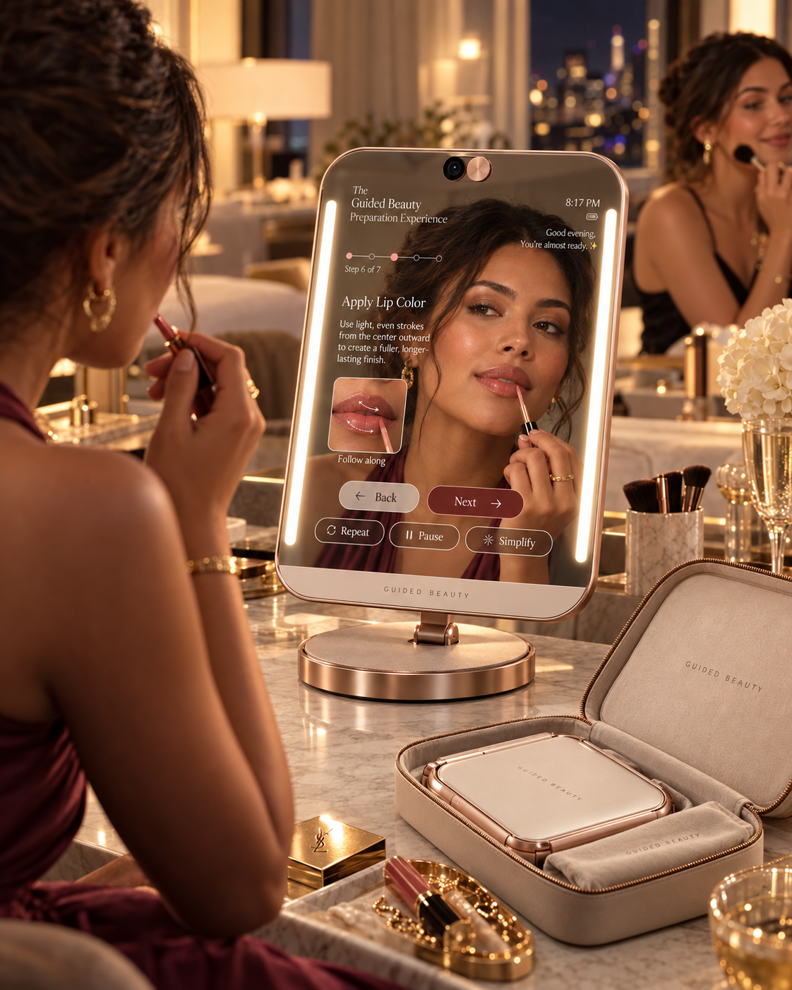 Portable mirror concept guiding an evening lip color step beside a travel case