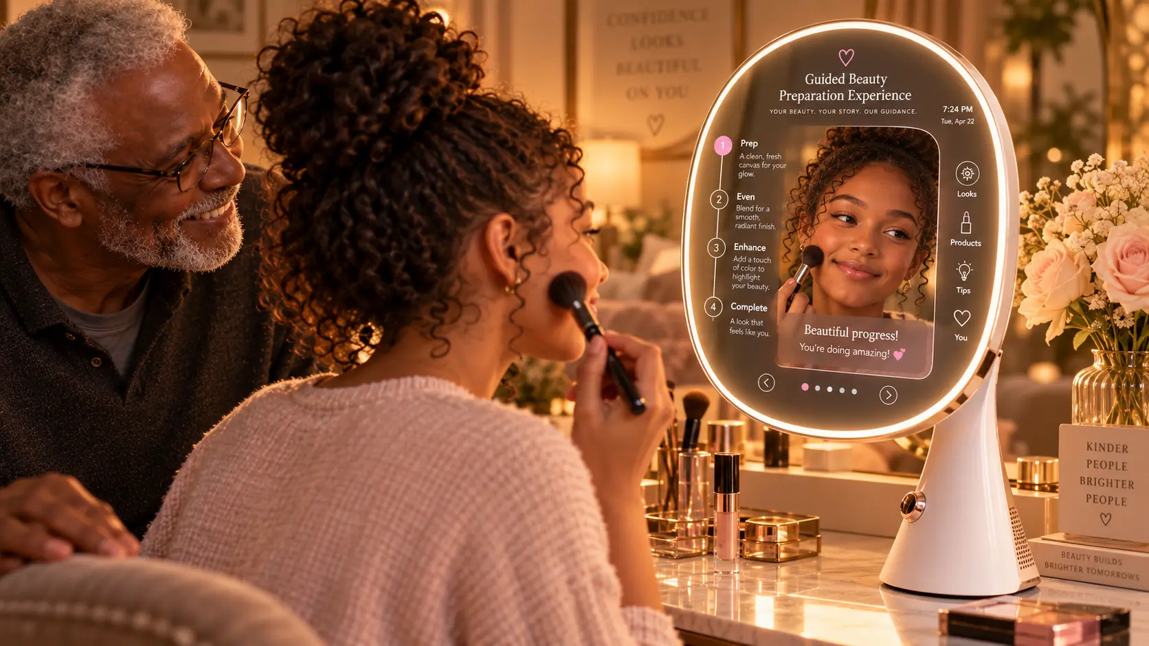 An older man smiles beside a younger woman as she follows a guided mirror step applying blush
