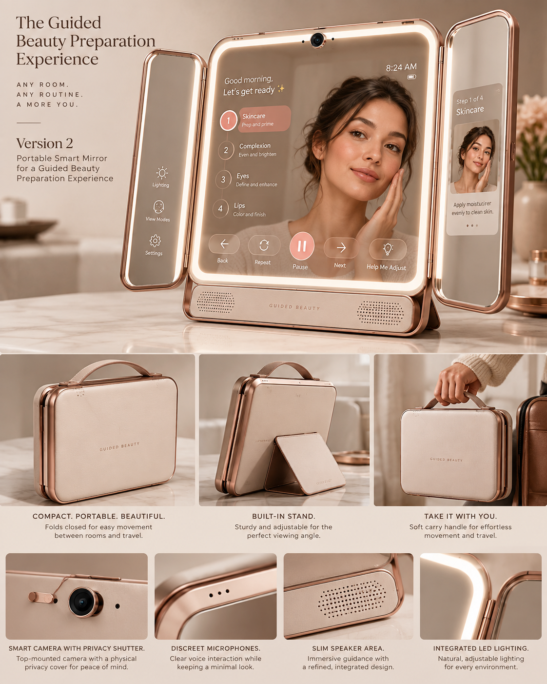 Portable folding mirror concept sheet with a stand, privacy shutter, microphones and lighting