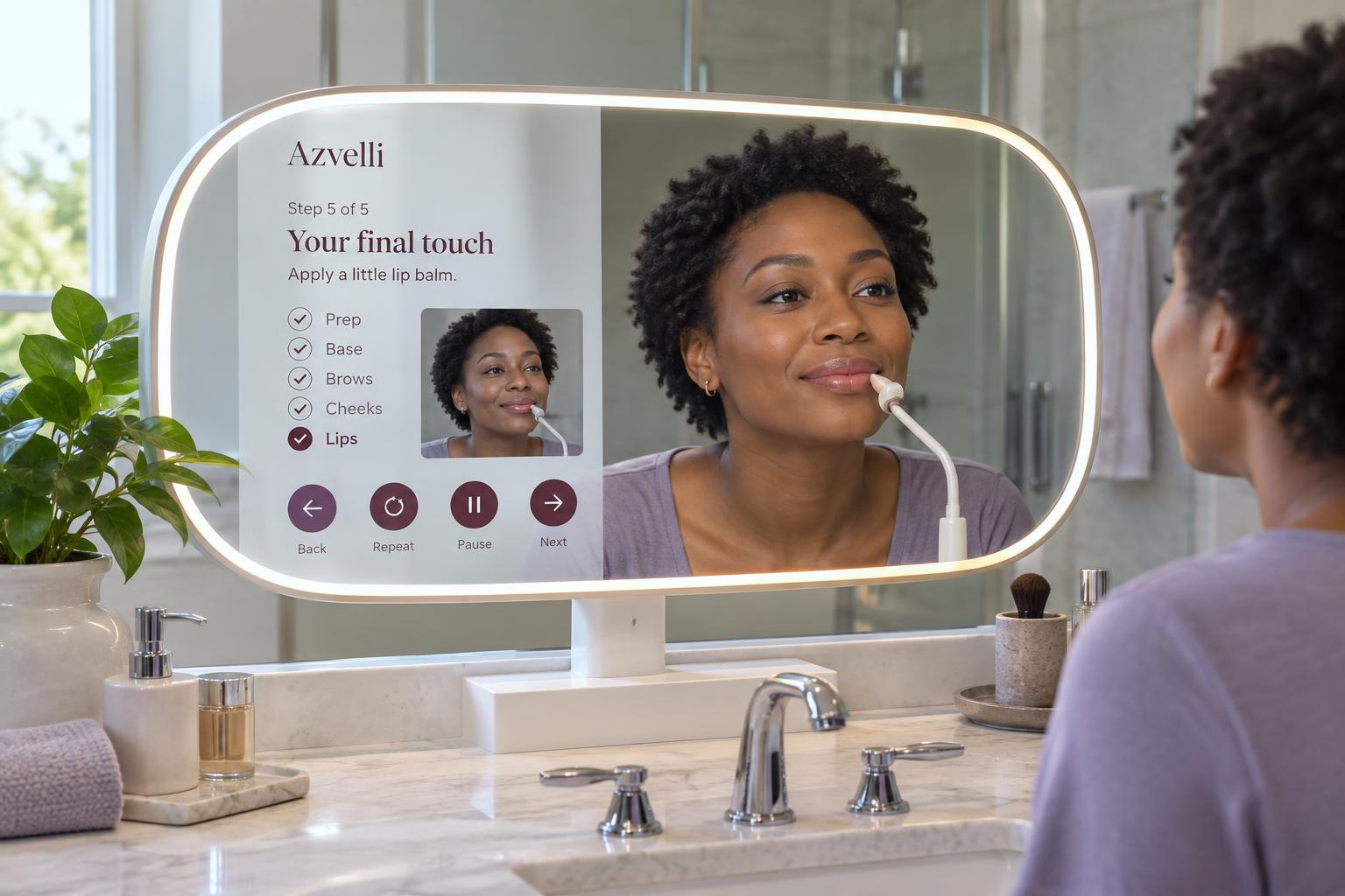 A woman with short natural curls follows a lip-finish step on an illuminated countertop mirror with a prominent reflection, self-view and preparation controls