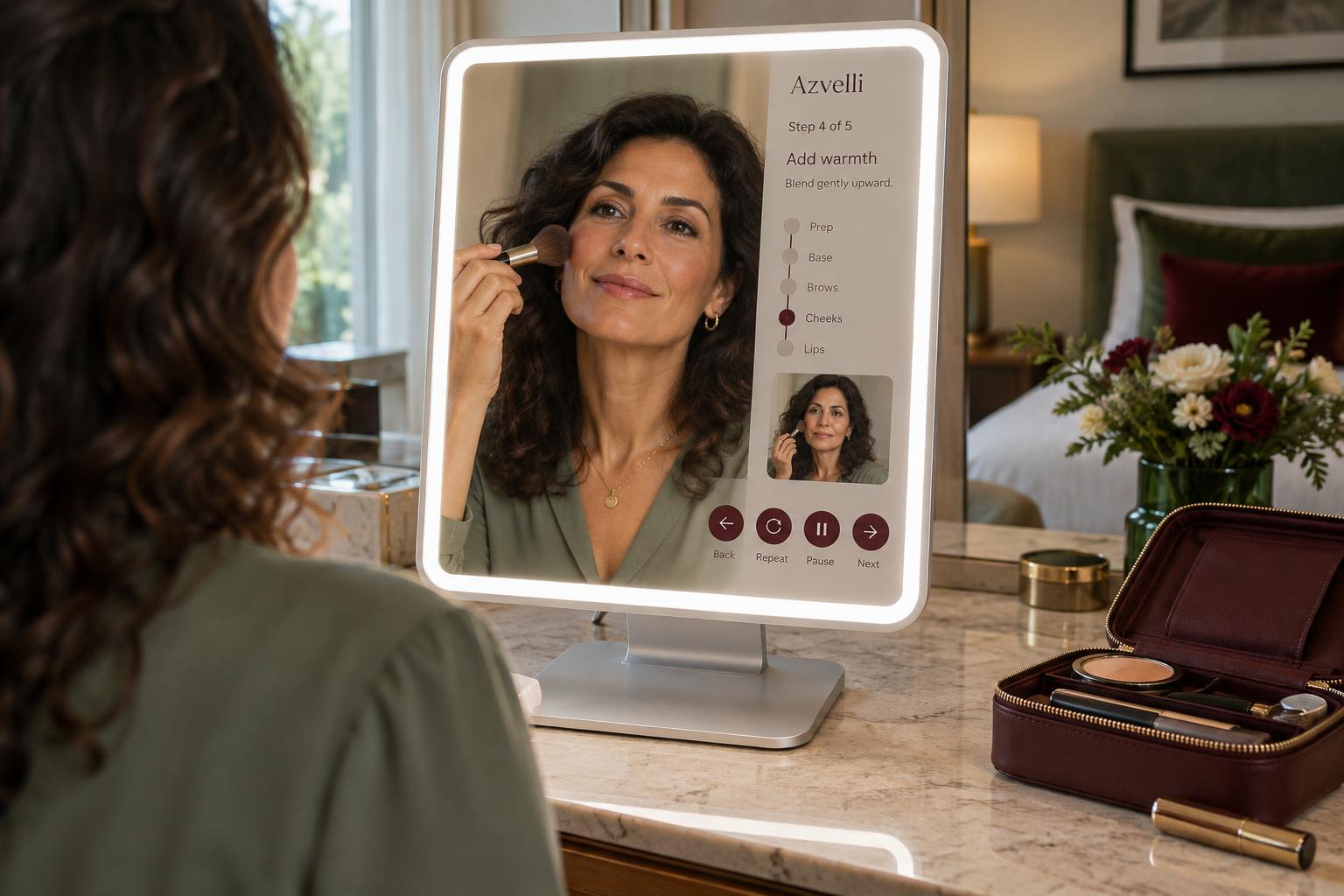 A woman in a sage blouse applies blush at a portable illuminated mirror with a guidance panel, progress list, self-view and circular controls beside a travel case