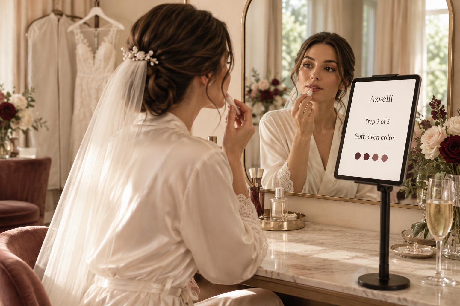 A bride in an ivory robe applies lip color while following a step on a tablet beside her mirror