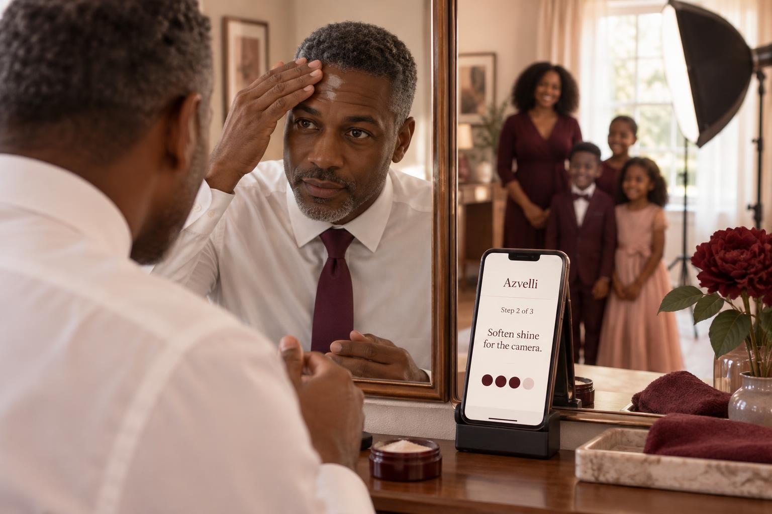 A man softens shine before a family portrait while following a step on a phone beside his mirror, his family and a photo light behind him