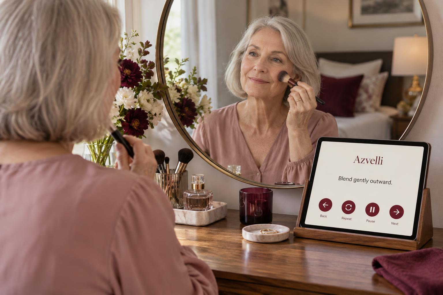 A silver-haired woman follows a concise tablet preparation step while applying blush at her mirror