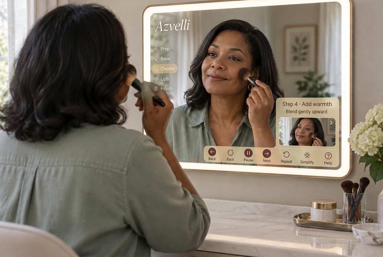 A woman follows a guided mirror step while applying blush at home