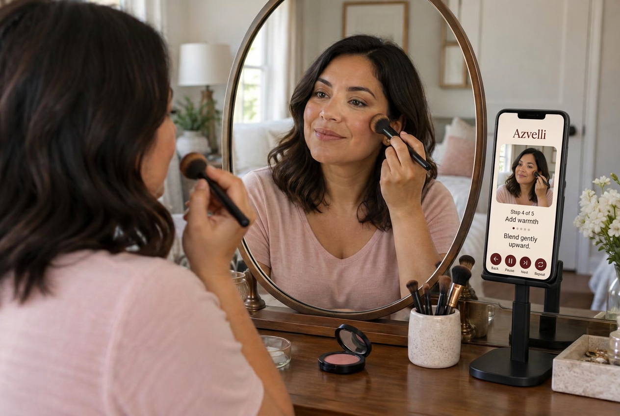 A woman applies blush while following a raised phone on a secure stand showing her small self-view, an Add warmth step, preparation progress and controls beside her conventional mirror