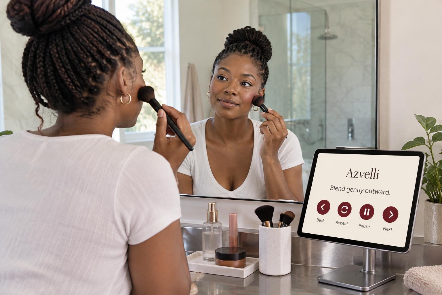 A woman with braids applies blush with a tablet firmly mounted beside a conventional mirror