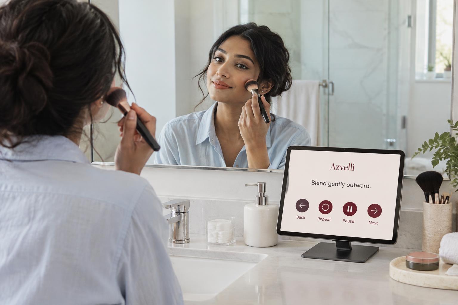 A woman follows a tablet step beside her mirror while getting ready